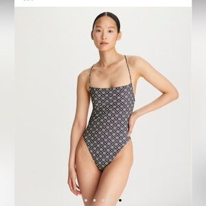 Tory Burch Navy and White Logo One-Piece Swimsuit